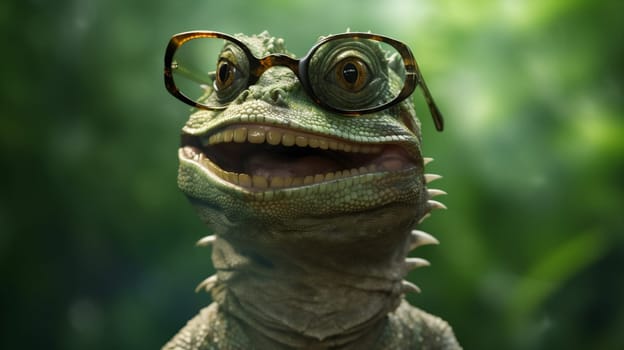 wildlife scale portrait lizard iguana glasses animal close-up green reptile. Generative AI.