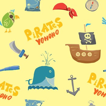 Pirate Doodles Seamless pattern. Cute pirate items sketch. Hand drawn Cartoon Vector illustration
