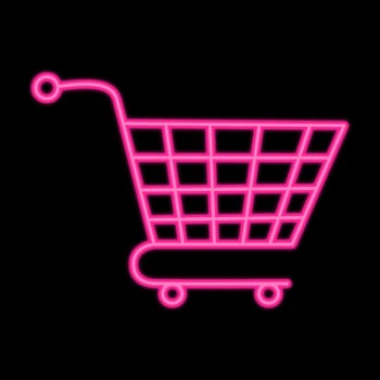 Shopping cart neon vector icon illustration. Advertising signboard design for supermarket with neon glowing pink light effect