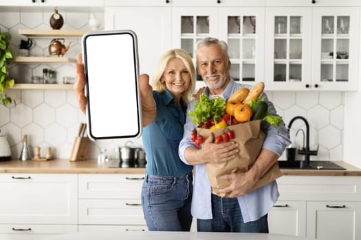 Senior couple holding shopping bag full of groceries and showing blank smartphone
