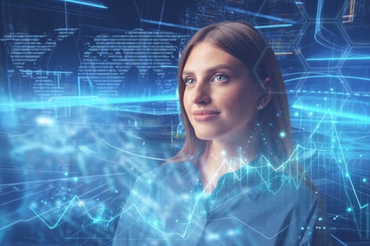 Young businesswoman watch and analyze digital business data on futuristic holographic screen