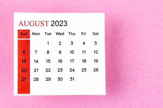 The August 2023 Monthly calendar for 2023 year on yellow background.