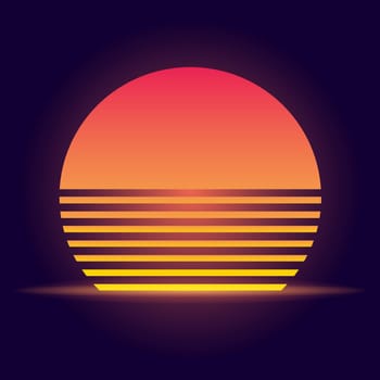 Vector illustration of retro sun in 80s style. Futuristic background with sunset. Trendy design for sci-fi, cyber abstract poster, print.