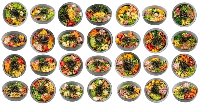 Assorted hawaiian poke bowl dishes collage