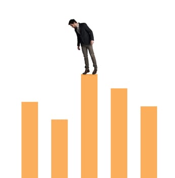 Stay alert, stocks dont stay the same forever. a businessman balancing on top of a graph against a white background.