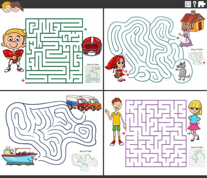 maze activity games set with cartoon characters
