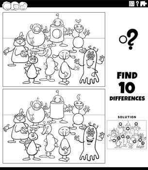 differences game with cartoon aliens or monsters coloring page