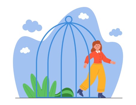 Happy woman escaping to freedom from birdcage