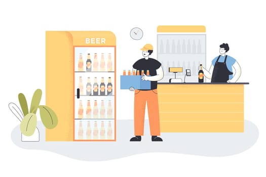 Deliveryman holding crate of fresh beer in shop