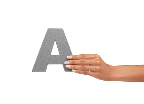 Alphabet, uppercase and a hand with capital letter A for learning, advertising or font. A woman show sign, character or icon for communication, typo and grammar isolated on a studio white background