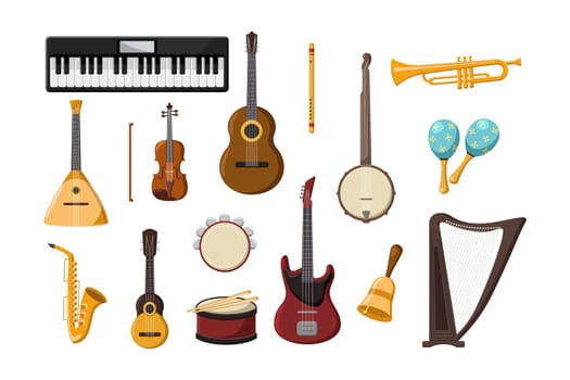 Various musical instruments cartoon illustration set