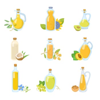 Glass bottles of vegetable oils cartoon illustration set