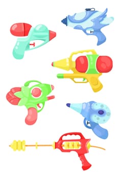 Plastic water guns cartoon illustration set
