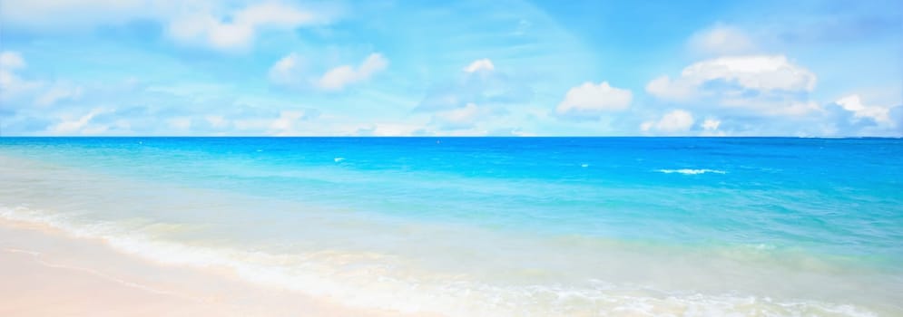 Sea, blue sky and landscape with beach and travel, white sand and summer vacation outdoor in Hawaii. Environment, horizon and seaside location with tropical destination and journey on island