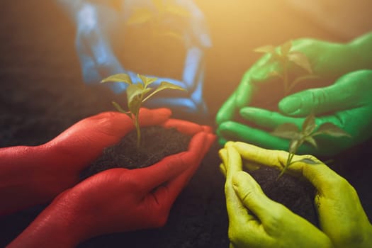 We need to keep together to make a change. unrecognizable people holding budding plants in their multi colored hands.