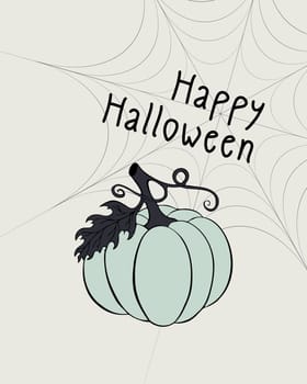 Happy Halloween card with green pumpkin and spider web.