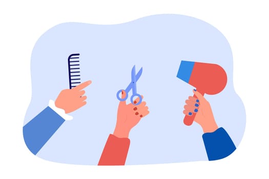 Hairdressers hands holding comb, scissors and hairdryer