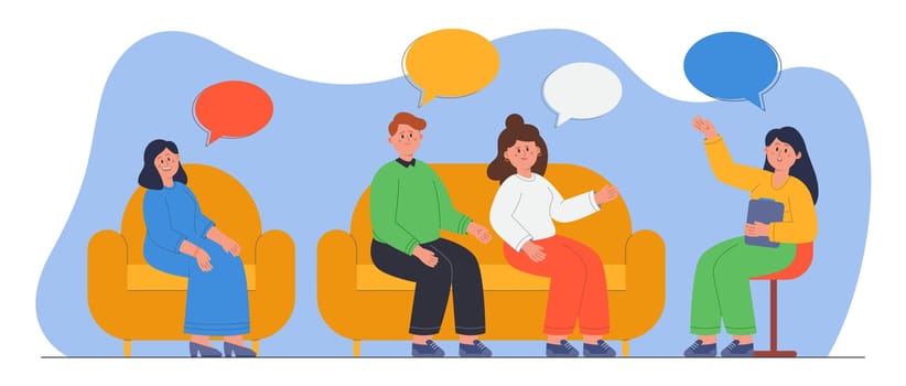 People on group psychotherapy session flat vector illustration