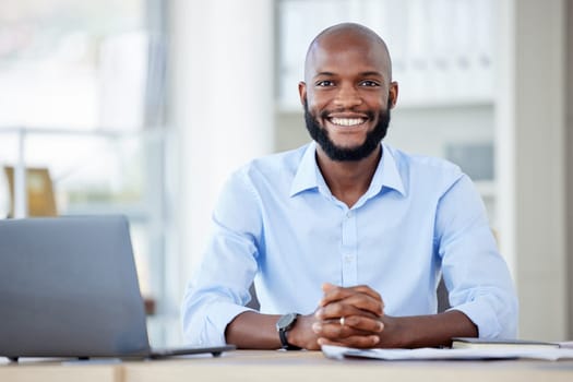 Portrait, black man and business writer in office with pride for career or company job. Face, smile and professional, entrepreneur and male copywriter from South Africa with success mindset at work.