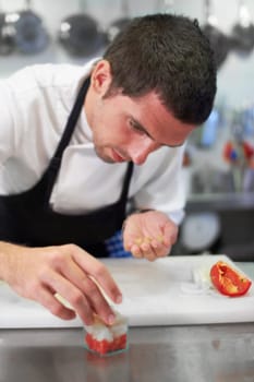 Chef, cooking and food with man in kitchen for luxury, hospitality and catering. Fine dining, gourmet and dinner with male cook in hotel restaurant for menu, cuisine and meal preparation