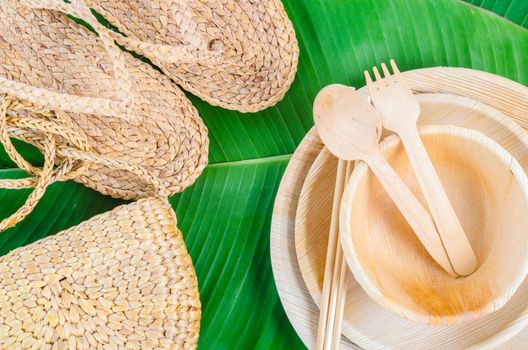 Kitchenware made from dried betel nut leaf palm, Flip flop and bag made from Water hyacinth or Floating water hyacinth, Natural material.