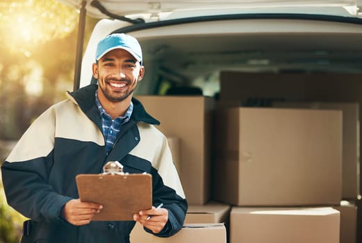 Happy, delivery and checklist with portrait of man for courier, logistics and shipping. Ecommerce, export and distribution service with male postman by van for mail, package and cargo shipment