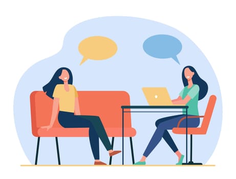 Two friends talking, sitting and using laptop. Speech bubble, chair, computer flat vector illustration. Friendship or communication concept for banner, website design or landing web page