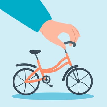 Huge hand holding bicycle flat vector illustration