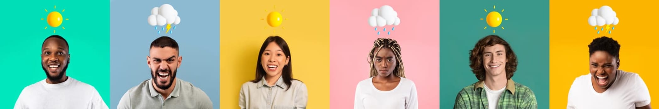 Diverse Multiethnic People With Weather Emojis Above Head Having Different Emotions, Multicultural Men And Women Feeling Happy, Angry, Sad And Anxious While Posing Over Colorful Backgrounds, Collage