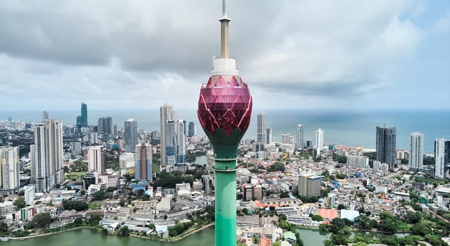 Aerial view of the main attraction, the Lotus Tower in the capital of Sri Lanka, Colombo