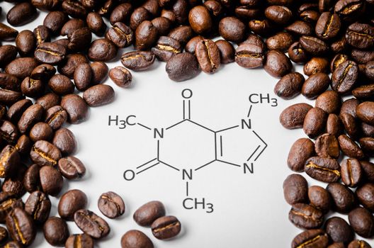 Structural chemical formula of caffeine molecule with roasted coffee beans.