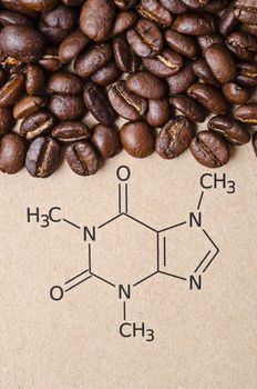 Structural chemical formula of caffeine molecule with roasted coffee beans.