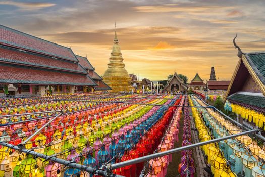 Wat Phra That Hariphunchai pagoda with light Festival, Thailand.