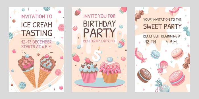 Invitation cards set with sweets. Ice cream, macaroons, birthday cupcakes vector illustrations with text, time, date. Celebration and dessert concept for flyers and announcement posters design