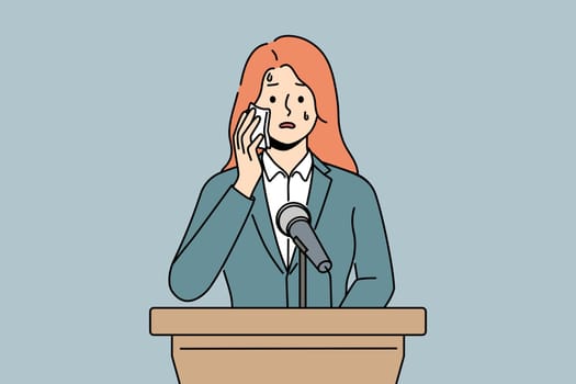 Anxious woman afraid of public speaking