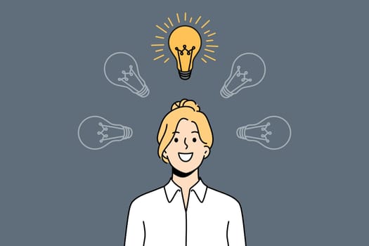 Smiling businesswoman look at illuminated lightbulb above head