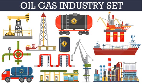 Oil gas industry infographics concept. Gasoline diesel fuel transportation and distribution icons.