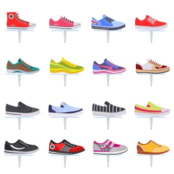 Vector sport shoes sneakers collection set. Elegant color flat icon set.