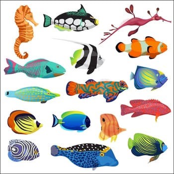 Exotic colorful tropical fish fishes collection set isolated.