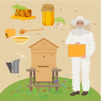 Man beekeer in special uniform costume. Apiary beekeeper concept illustration. Bee house, honey, flowers, bee, honeycomb.