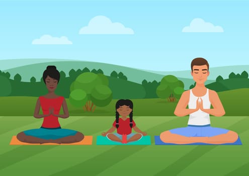Vector illustration of the multi-ethnic family meditating on the nature.
