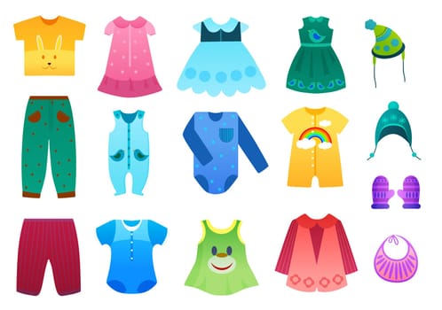 Vector illustration of baby and children kids clothes collection. Cartoon vector illustration.