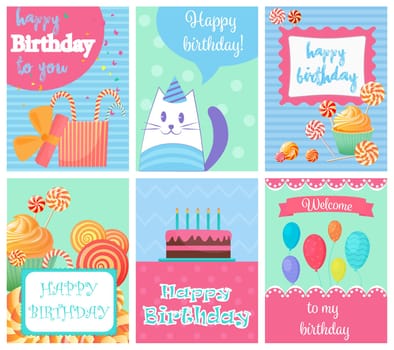 Happy Birthday Collection set of invitation cards greeting templates, to the party. Vector banners with confetti, cat, cake, balloons, candy and gifts.