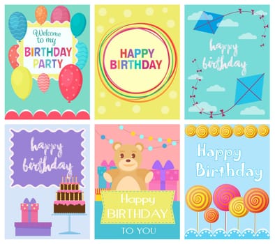 Happy Birthday Collection set of invitation cards greeting templates, to the party. Vector banners with confetti, teddy bear, cake, balloons, candy and gifts.