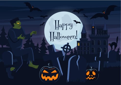 Vector illustration of Happy Halloween postcard and graveyard with zombie, pumpkin creatures and decorations.
