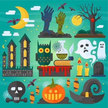 Vector illustration of zombie hands, bats, owl, ghost, castle and other different spooky elements and decorations for Halloween.