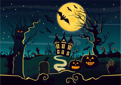 Vector illustration of mystery house with pumpkin lanterns and creatures decorated for Halloween. Halloween card with old scary horror house.