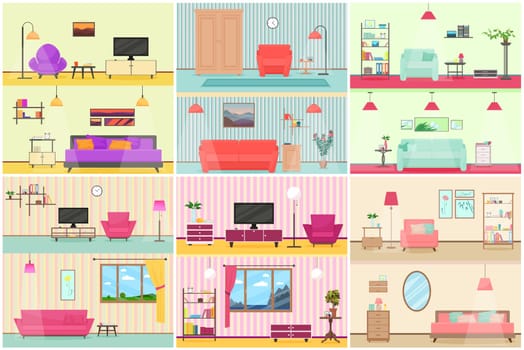 Vector illustration of various flat cartoon interiors of living room.