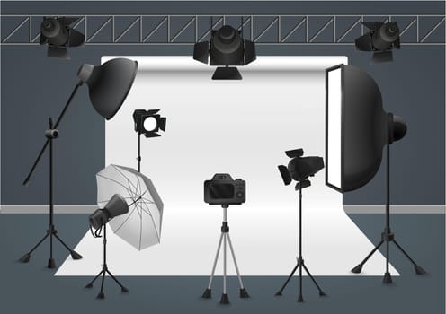Photo studio with camera, lighting equipment flash spotlight, softbox and background. Vector illustration.