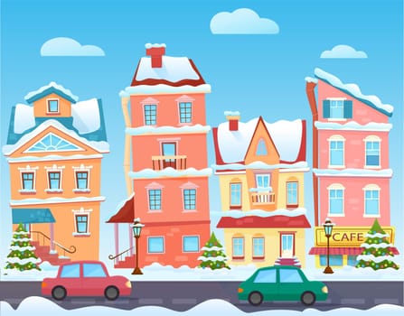 Vector Sunny cute cartoon City street at Winter. Cartoon buildings. Christmas background with urban houses and shops. Christmas town illustration.